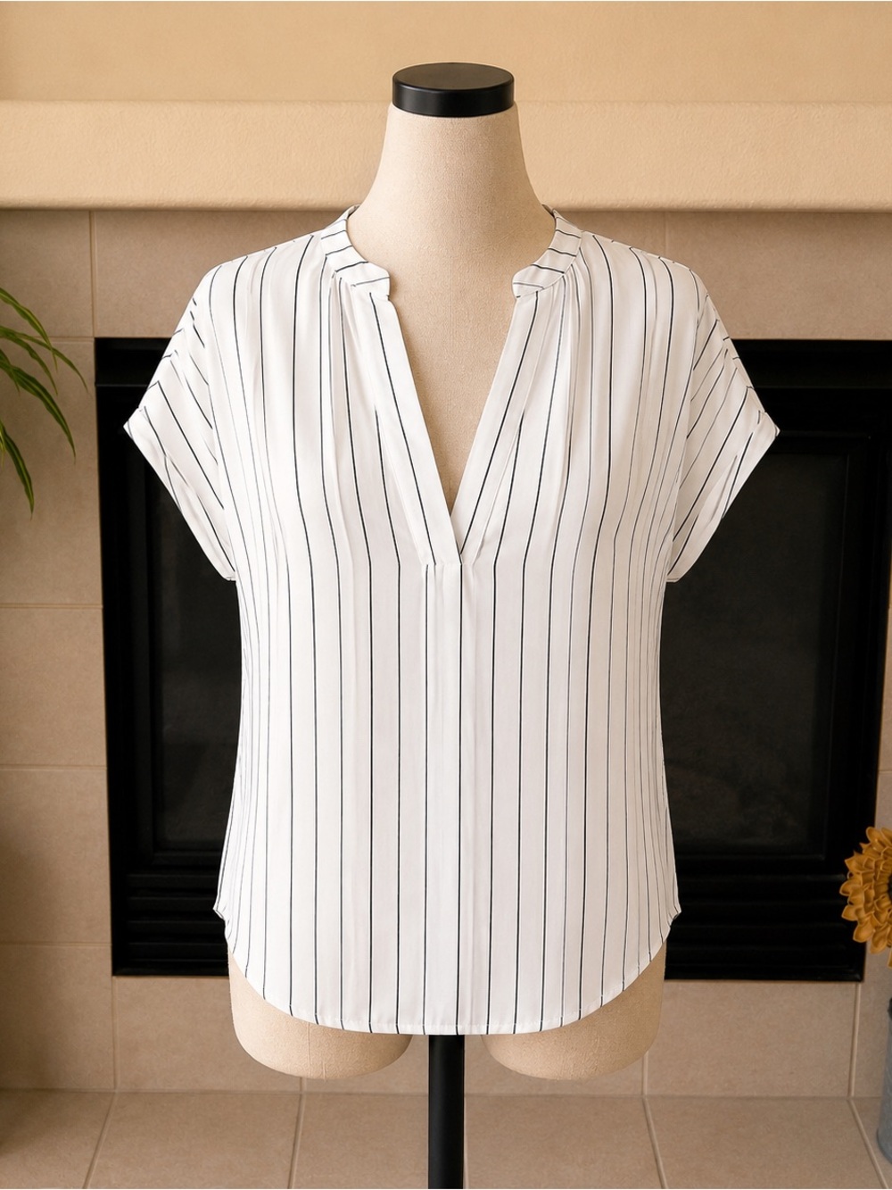 Lumiere White Vertical-Stripe Split V-Neck Blouse